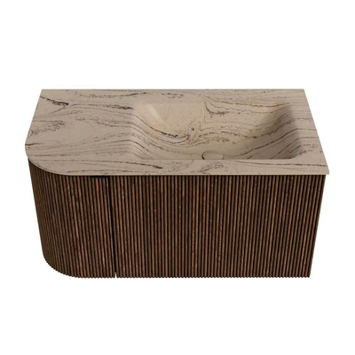 MONDIAZ KURVE-DLUX 85cm badmeubel ronding Links kleur Walnut met 1 lade en 1 deur. Wastafel CLOUD Rechts 1 kraangat Arena.