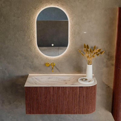 MONDIAZ KURVE-DLUX Meuble de salle de bains 95cm arrondi à droite couleur Ruby avec 1 tiroir et 1 porte. Lavabo BIG SMALL à gauche sans trou de robinet Nata.