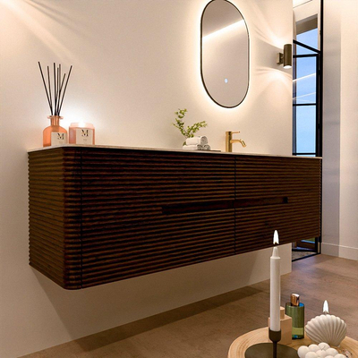 Mondiaz CIRO-DLUX Badkamermeubelset - 170x45x50cm - Solid surface wastafel Ostra - 1 wasbak Rechts - 1 kraangat - 4 lades - Walnut