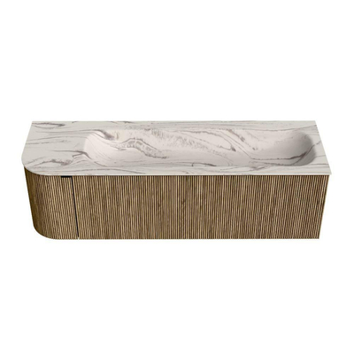 MONDIAZ KURVE-DLUX Meuble de salle de bains 145cm arrondi Gauche couleur Dusk avec 1 tiroir et 1 porte. Lavabo BIG LARGE Droite 2 trous de robinet Nata.