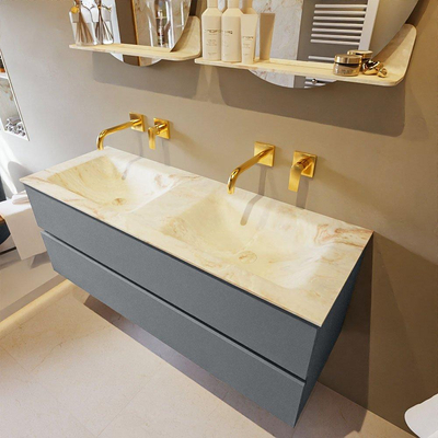 Mondiaz VICA-DLUX ensemble de meuble de salle de bain - 130cm - meuble sous-vasque plata - 2 tiroirs - lavabo encastrée cloud double - sans trous de robinet - version haute de 60cm - frape