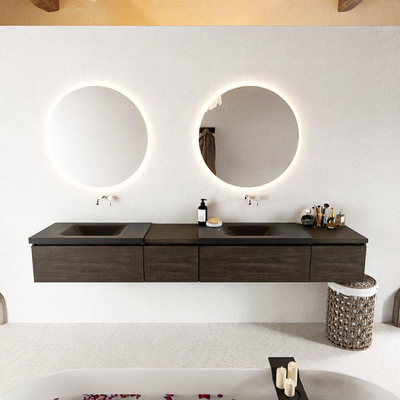 MONDIAZ BUKLA 240cm ensemble de meuble avec module 40 gauche couleur Marron Foncé avec 4 tiroirs. Lavabo CLOUD double 0 trou de robinet couleur Urban.