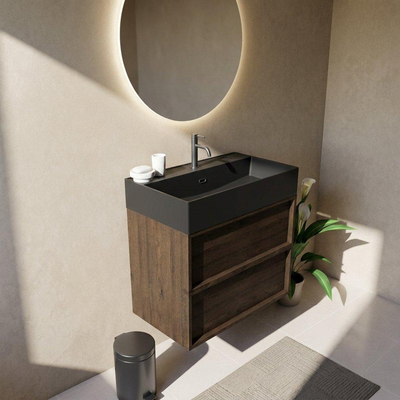 Saniclass Holz Frame Ensemble de meubles de salle de bains - 80x45x72cm - Legend lavabo en céramique noir mat - 1 vasque - 1 trou de robinetterie - 2 tiroirs - chêne charcoal mat (bois)