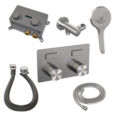 BRAUER Brushed Carving robinet de baignoire encastré thermostatique - boutons-poussoirs SET 04 - combinaison de remplissage de baignoire - douchette 3 jets - flexible de douche - coude de raccordement mural - inox brossé PVD