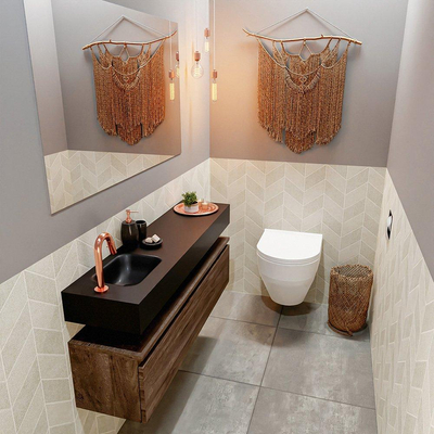 MONDIAZ ANDOR Toiletmeubel 120x30x30cm met 1 kraangaten 1 lades dark brown mat Wastafel Lex links Solid Surface Zwart