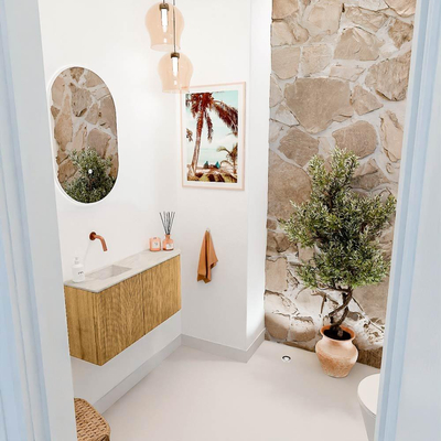 Mondiaz JOYA-DLUX 81.6cm toiletmeubel - ronding rechts kleur Oak - Wastafel FAYE positie Links Zonder kraangat kleur Ostra.