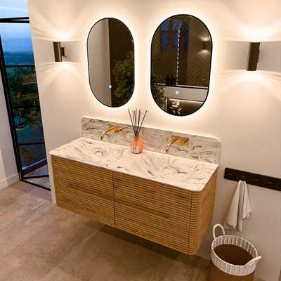 Mondiaz CIRO-DLUX Badkamermeubelset - 130x45x50cm - Solid surface wastafel Glace - 2 wasbak Dubbel - zonder kraangaten - 4 lades - Oak