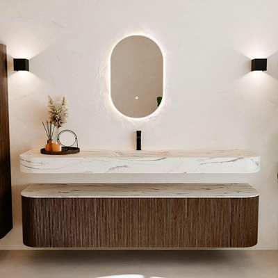 MONDIAZ THOR-DLUX 190cm badmeubel ronding links + rechts kleur Walnut met 2 lades en 2 deuren. Vrijhangende wastafel CLOUD Midden 1 kraangat kleur Nata.