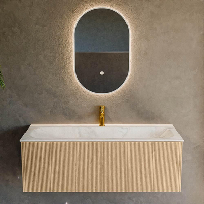 MONDIAZ KURVE-DLUX 120cm Meuble salle de bain - couleur Oak - 1 tiroir - vasque BIG LARGE centre - 1 trou de robinet - couleur Ostra