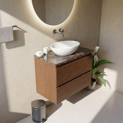 Saniclass Holz Pure Ensemble de meubles de salle de bains - 80x45x63cm - Plan de travail en pierre naturelle Noche dark emperador - sans trou de robinet - 2 tiroirs - walnut pure mat (bois)