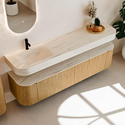 MONDIAZ THOR-DLUX Meuble de salle de bains 190cm arrondi gauche + droite couleur Oak avec 2 tiroirs et 2 portes. Vasque suspendue CLOUD Gauche 1 trou de robinet couleur Meli.