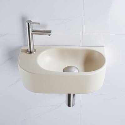QeramiQ Fuente Ensemble lave-mains - 40x21.5x12cm - gauche - lisse - semi-rond - 1 trou de robinet - céramique - robinet de lave-mains inox brossé - bonde - siphon abaissé - beige