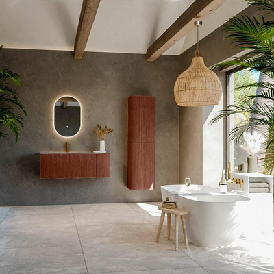 MONDIAZ KURVE-DLUX Meuble de salle de bains 115cm arrondi à droite couleur Ruby avec 1 tiroir et 1 porte. Lavabo BIG SMALL gauche 1 trou de robinet Oza.