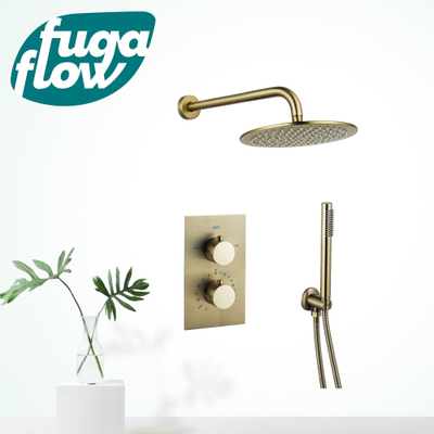 FugaFlow Eccelente Sobrado Ensemble de douche pluie encastrable avec thermostat pommeau de douche 25cm et douchette stick Laiton brossé PVD