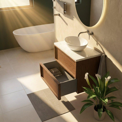 Saniclass Holz Frame Ensemble de meubles de salle de bains - 80x45x63cm - Plan de lavabo en marbre Dia poli (blanc) - sans trou de robinet - 2 tiroirs - mat noyer pur (bois)