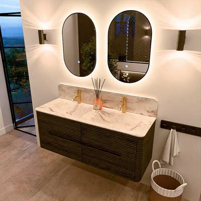 Mondiaz CIRO-DLUX Meuble de salle de bains ensemble - 130x45x50cm - Vasque solid surface Frappe - 2 vasques Double - 2 trous de robinet - 4 tiroirs - Shadow