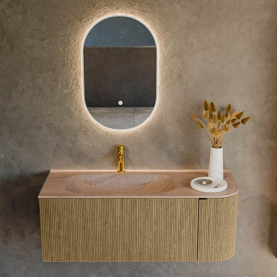 MONDIAZ KURVE-DLUX Meuble de salle de bains 115cm arrondi à droite couleur Dusk avec 1 tiroir et 1 porte. Lavabo BIG SMALL à gauche 1 trou de robinet Saba.