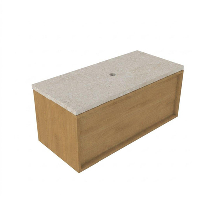 Saniclass Holz Frame Ensemble de meubles de salle de bains - 100x45x43cm - Plan de travail en pierre naturelle travertin - sans trou de robinetterie - 1 tiroir - chêne natural mat (bois)