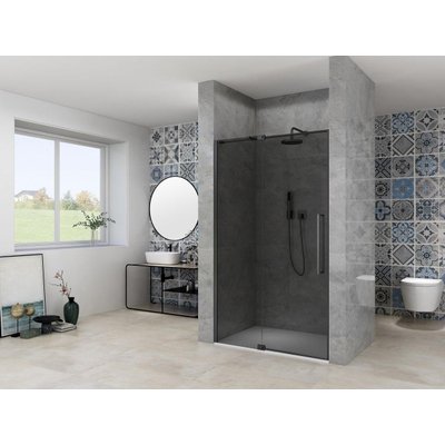 Van Rijn Products ST08 Nis Draaideur - 130x200cm - grijs rookglas - dikte 8mm - 2 delig - muurprofiel - stabilisatiestang - Zwart