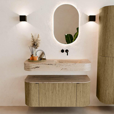 MONDIAZ THOR-DLUX 110cm meuble de salle de bains arrondi gauche + droite couleur Dusk avec 1 tiroir et 2 portes. Vasque suspendue CLOUD droite sans trou de robinet couleur Arena.