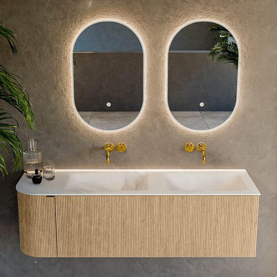 MONDIAZ KURVE 145cm meuble de salle de bains avec module 25 L couleur Oak avec 1 tiroir et 1 porte. Lavabo CLOUD double / à droite sans trou de robinet Talc.