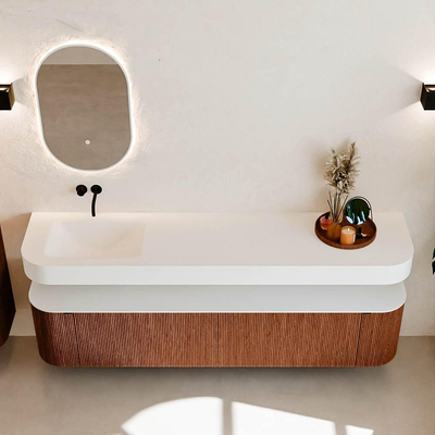 MONDIAZ THOR Meuble de salle de bains 200cm arrondi gauche + droite couleur Ruby avec 2 tiroirs et 2 portes. Vasque suspendue CLOUD Gauche sans trou de robinet couleur Talc.