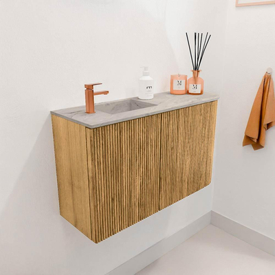 Mondiaz JOYA-DLUX 71.6cm toiletmeubel - ronding rechts kleur Oak - Wastafel FAYE positie Links 1 kraangat kleur Glace.