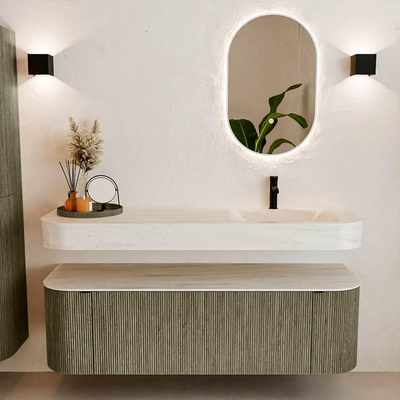 MONDIAZ THOR-DLUX 150cm meuble de salle de bains arrondi gauche + droite couleur Shadow avec 1 tiroir et 2 portes. Vasque suspendue CLOUD Droite 1 trou de robinet couleur Meli.