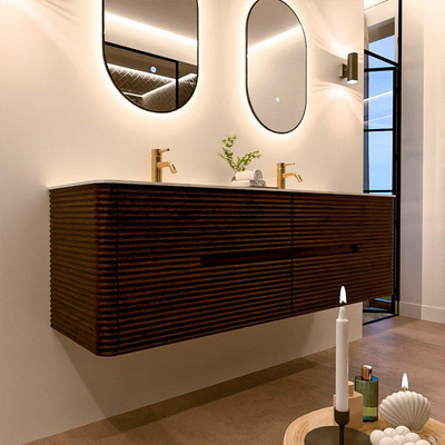 Mondiaz CIRO-DLUX Badkamermeubelset - 160x45x50cm - Solid surface wastafel Opalo - 2 wasbak Dubbel - 2 kraangaten - 4 lades - Walnut