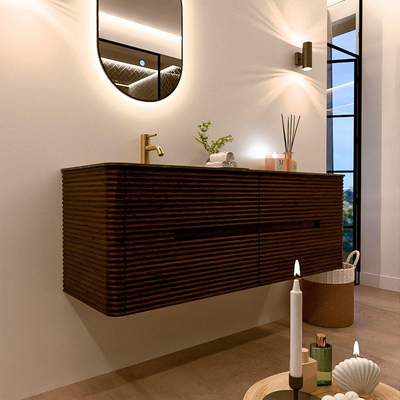 Mondiaz CIRO-DLUX Ensemble de meubles de salle de bains - 140x45x50cm - Plan-vasque en solid surface Lava - 1 vasque à gauche - 1 trou de robinet - 4 tiroirs - Noyer