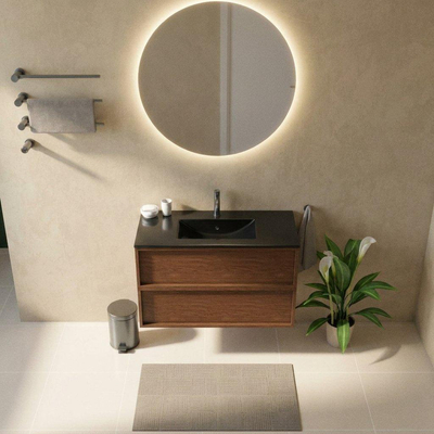 Saniclass Holz Frame Ensemble meuble de salle de bains - 100x45x62cm - Vasque Vygo en céramique noire - 1 vasque - 1 trou de robinetterie - 2 tiroirs - walnut pure mat (bois)