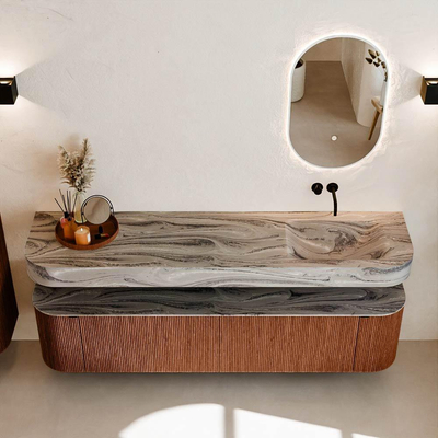 MONDIAZ THOR-DLUX 190cm meuble de salle de bains arrondi gauche + droite couleur Ruby avec 2 tiroirs et 2 portes. Vasque suspendue CLOUD Droite sans trou de robinet couleur Sombra.