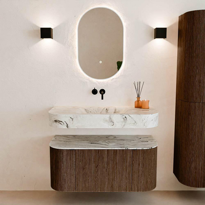 MONDIAZ THOR-DLUX 100cm meuble de salle de bains arrondi gauche + droite couleur Walnut avec 1 tiroir et 2 portes. Vasque suspendue CLOUD Milieu sans trou de robinet couleur Glace.