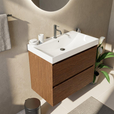 Saniclass Holz Pure Ensemble meuble de salle de bains - 80x45x67.5cm - Lavabo en céramique Wave - 1 vasque - 1 trou de robinetterie - 2 tiroirs - walnut pure mat (bois)