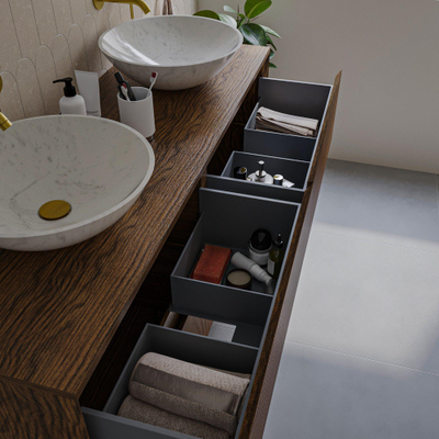 Saniclass Holz Atelier Meuble de salle de bain - 140x45x60cm - lavabo en céramique blanc - 2 vasques - 2 trous de robinet - 4 tiroirs - Walnut pure