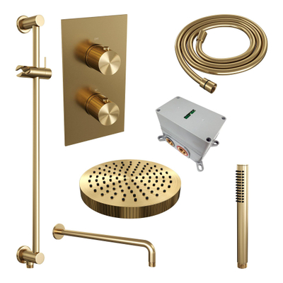 BRAUER Stripe Thermostatische Inbouw Regendouche - 3-weg - rechthoekig - 25cm douchekop - gebogen muurarm - staaf handdouche - doucheslang - geïntegreerde glijstang - goud geborsteld PVD
