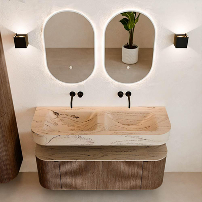 MONDIAZ THOR-DLUX 130cm badmeubel ronding links + rechts kleur Walnut met 1 lade en 2 deuren. Vrijhangende wastafel CLOUD Dubbel zonder kraangat kleur Arena.