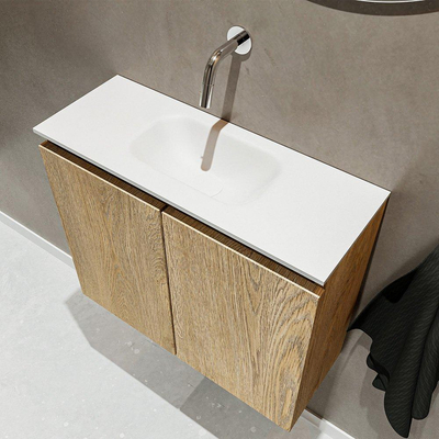 MONDIAZ TURE Kit lave-mains - 60x23x50cm - 0 trous de robinet - 2 portes - chêne blanchi mat - Lavabo centré - Solid Surface Blanc