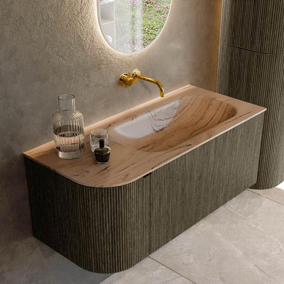 MONDIAZ KURVE-DLUX Meuble de salle de bains 105cm arrondi à gauche couleur Shadow avec 1 tiroir et 1 porte. Lavabo BIG SMALL à droite sans trou de robinet Arena.