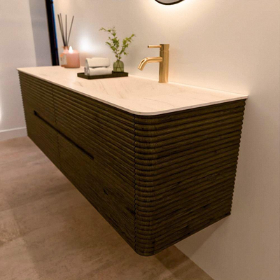 Mondiaz CIRO-DLUX Badkamermeubelset - 160x45x50cm - Solid surface wastafel Meli - 1 wasbak Rechts - 1 kraangat - 4 lades - Shadow