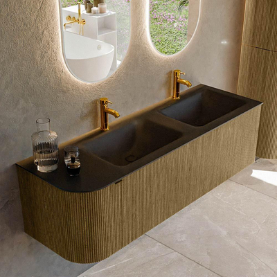 Mondiaz KURVE Badkamermeubelset - 145x46x40cm - 1 lade - 1 deur - wastafel solid surface - dubbel / rechts - 2 kraangaten - Dusk