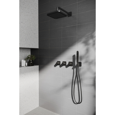 Hotbath Gal IBSGL70 Ensemble de douche encastré thermostatique - 2 robinets d'arrêt - bras de douche mural 35 cm - tête de douche carrée 22 cm - douchette à main bâton - gun metal brossé PVD