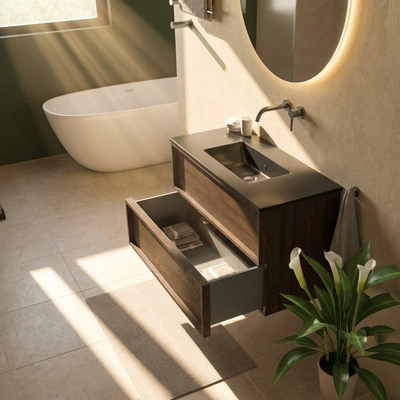Saniclass Holz Frame Ensemble de meubles de salle de bains - 100x45x62cm - Vygo lavabo en céramique noir - 1 vasque - sans trou de robinet - 2 tiroirs - chêne charcoal mat (bois)