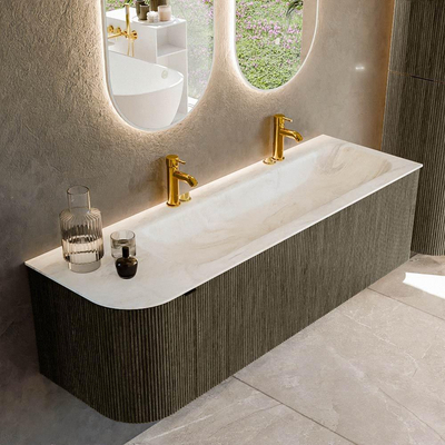 Mondiaz KURVE-DLUX Ensemble de meubles de salle de bains - 145x46x40cm - 1 tiroir - 1 porte - lavabo solid surface - droit - 2 trous de robinet - Shadow