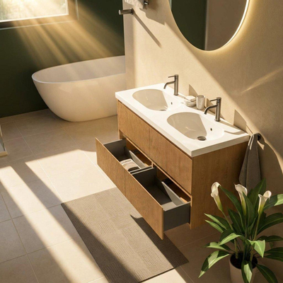 Saniclass Holz Atelier Ensemble meuble de salle de bains - 120x45x63.5cm - lavabo Palermo en céramique blanc - 2 vasques - 2 trous de robinetterie - 2 tiroirs - chêne natural mat (bois)