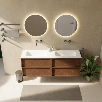 Saniclass Holz Frame Ensemble meuble de salle de bains - 160x45x61.5cm - Plan vasque Flow en solid surface blanc - 2 vasques - sans trous de robinetterie - 4 tiroirs - walnut pure mat (bois)
