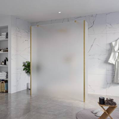 FugaFlow Eccelente Vetro Douche à l'italienne libre - 160x200cm - Verre mat - anti-calcaire - verre de sécurité 8mm - 2 parois latérales 40cm - avec bras muraux et profils d'angle - Laiton brossé (or) -