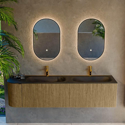 Mondiaz KURVE Ensemble de meuble salle de bain - 175x46x40cm - 2 tiroirs - 1 porte - lavabo en solid surface - double / droite - 2 trous de robinet - Dusk