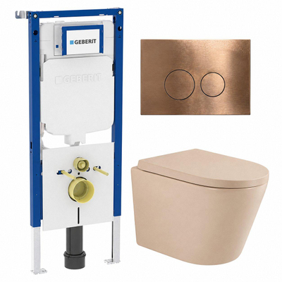 QeramiQ Dely Toiletset - 36.3x51.7cm - diepspoel - rimless - Geberit UP720 inbouwreservoir - softclose toilet zitting - 35mm - koperen bedieningsplaat - ronde knoppen - mat beige