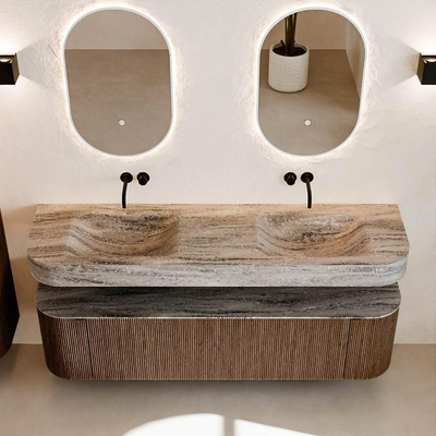 MONDIAZ THOR-DLUX 170cm badmeubel ronding links + rechts kleur Walnut met 1 lade en 2 deuren. Vrijhangende wastafel CLOUD Dubbel zonder kraangat kleur Oza.